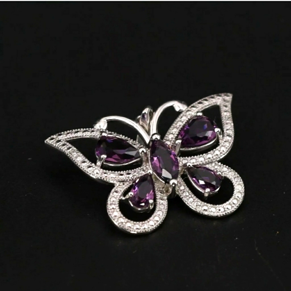 Sterling Silver - Amethyst & Diamond Accent Butterfly Necklace Pendant - 3g